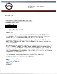 Redacted MART letter citing Article III (90-day written renewal requirement).